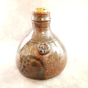 Vintage Studio Art Pottery Stoneware Decanter Embossed Signed Irridescent Glaze